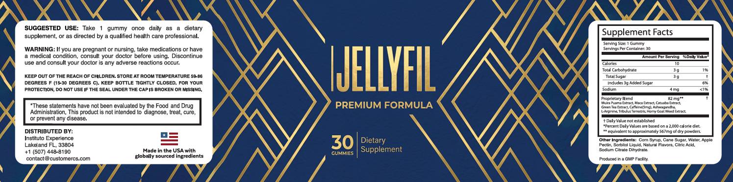 JellyFil supplement facts label showing serving size, proprietary blend and other ingredients
