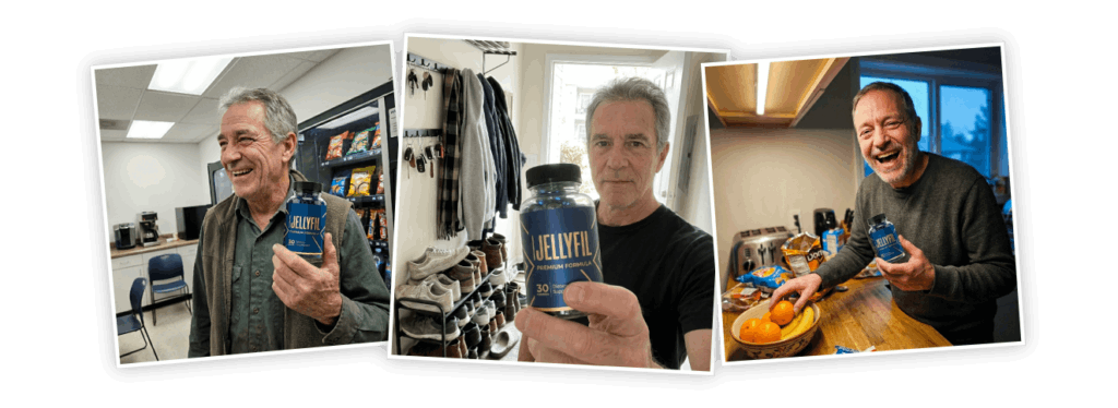 Three customers holding bottles of JellyFil Premium Formula gummies