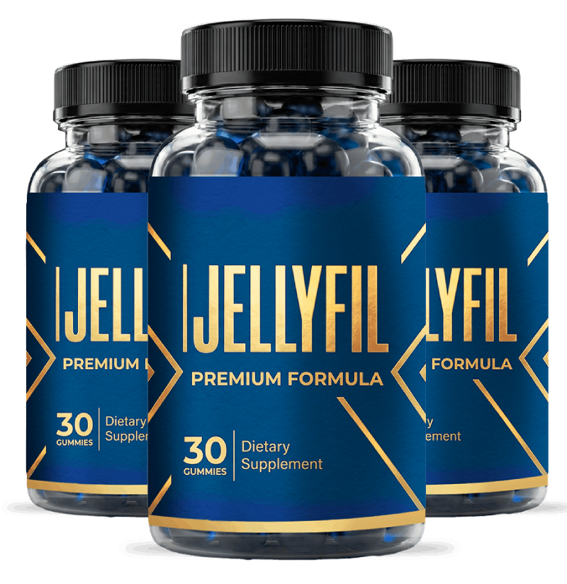 Three bottles of JellyFil Premium Formula male supplement gummies, 30 gummies each